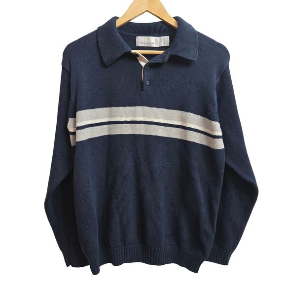 Bill Blass Men Vintage 90s Y2K Preppy Retro Grandpa Knit Polo Striped Sweater L - Picture 1 of 10